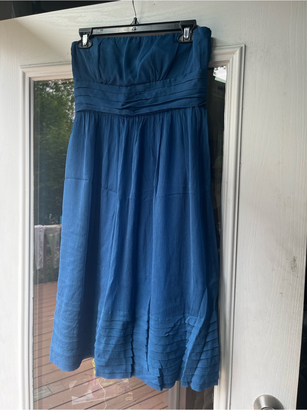 Luxurious Silk Strapless Pleated Hem Blue Midi Dress J Crew